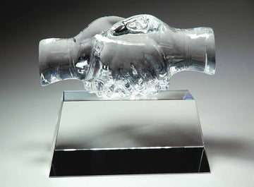 friendship award made of crystal glass customizable with texts and logos on base, handshake crystal